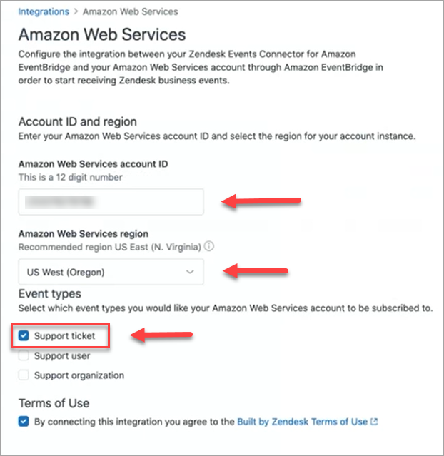 La pagina Amazon Web Services in Zendesk.