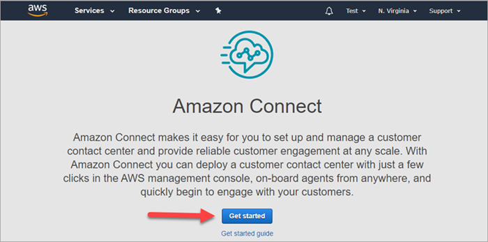 Pagina di benvenuto di Amazon Connect, pulsante Inizia.