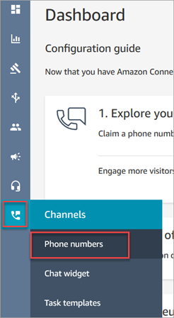 Menu di navigazione di Amazon Connect, icona Canali, opzione Numeri di telefono.