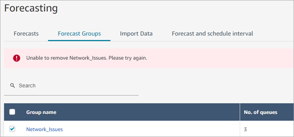 Pagina Previsioni, scheda Gruppi di previsioni con un messaggio che indica che il gruppo non può essere rimosso.