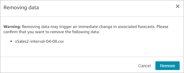Messaggio di avviso che indica che la rimozione dei dati attiverà una modifica immediata nelle previsioni associate.