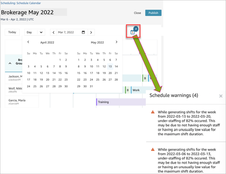 Calendario di programmazione, icona Avvisi, esempi di avvisi relativi al programma.