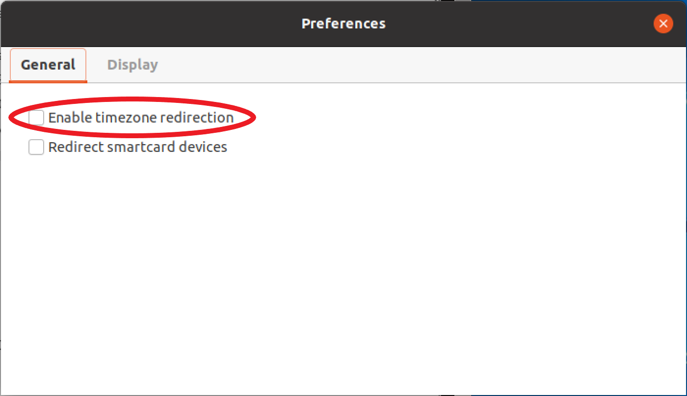 Preferences window with unchecked "Enable timezone redirection" option highlighted.