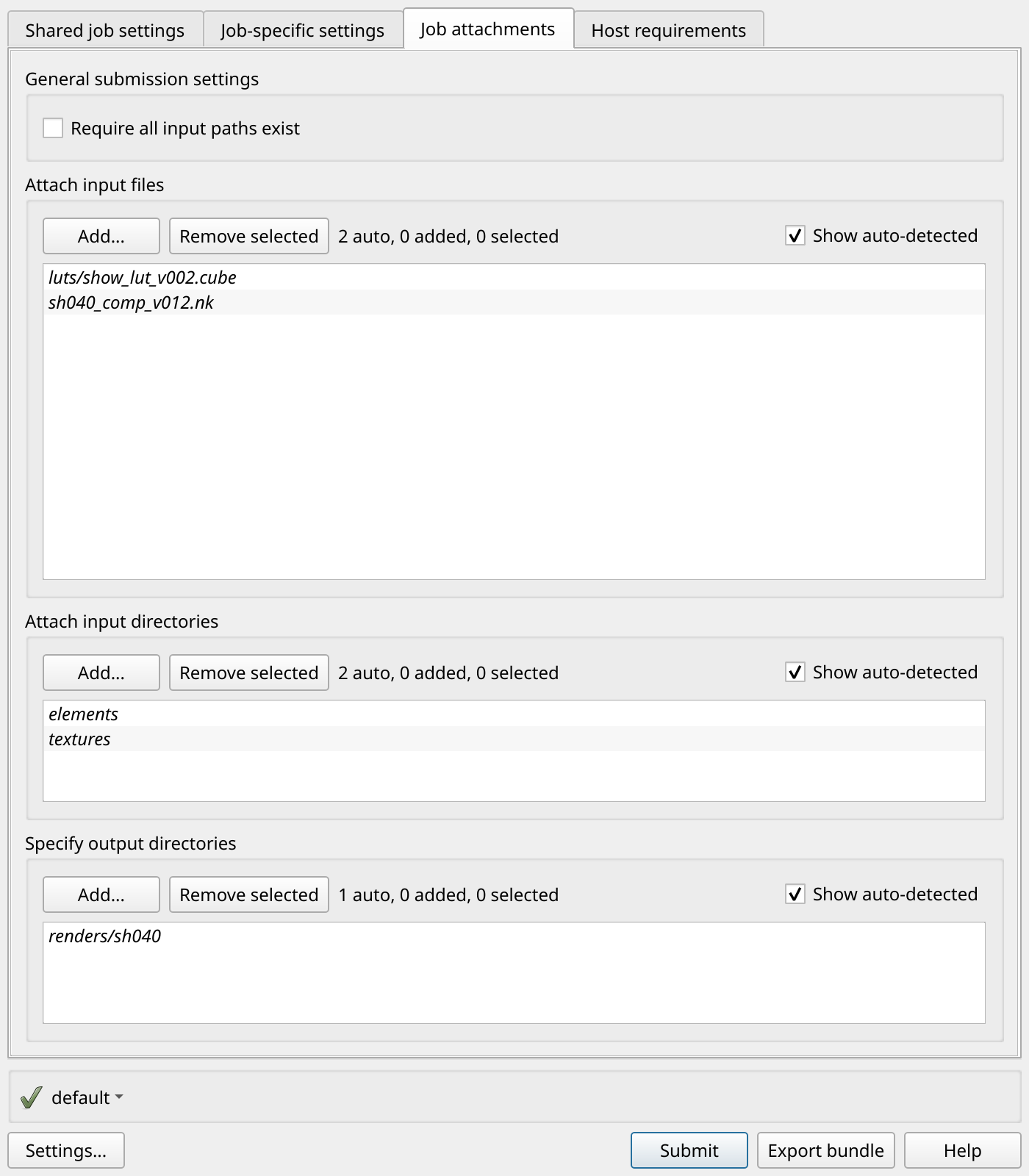 La scheda Allegati del lavoro di una finestra di dialogo di invio, che elenca i file di input rilevati, le directory di input e la directory di output.