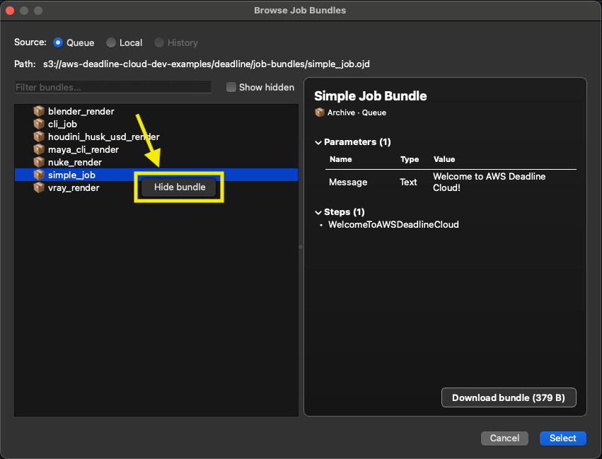Il browser dei job bundle con un pacchetto selezionato e il relativo menu contestuale che mostra l'opzione Nascondi pacchetto.