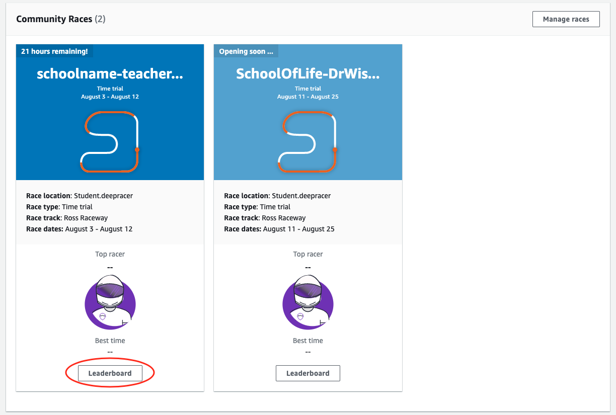 Il pulsante «Leaderboard» è cerchiato sull'immagine di una scheda Student Community Race.
