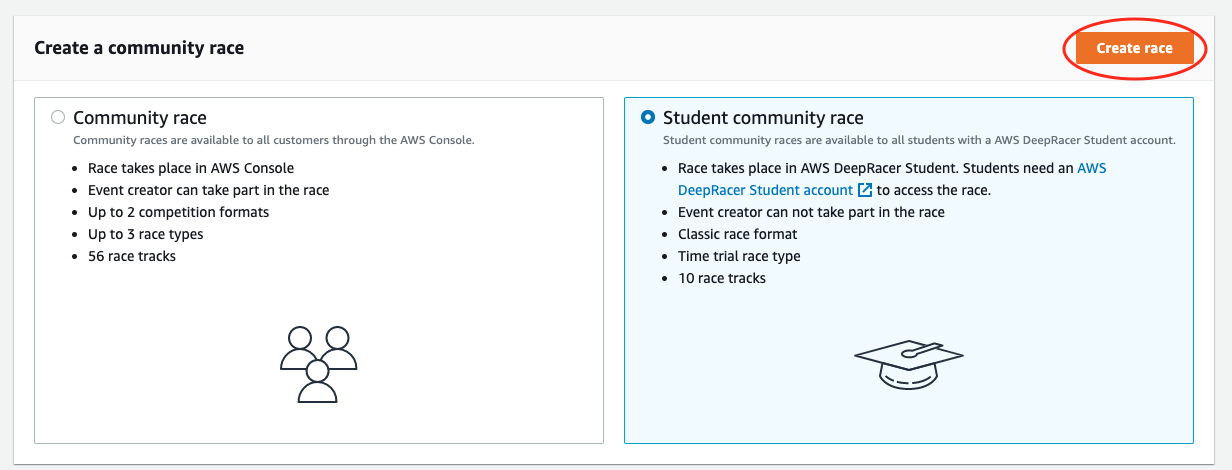 Crea una gara della community AWS DeepRacer Student.