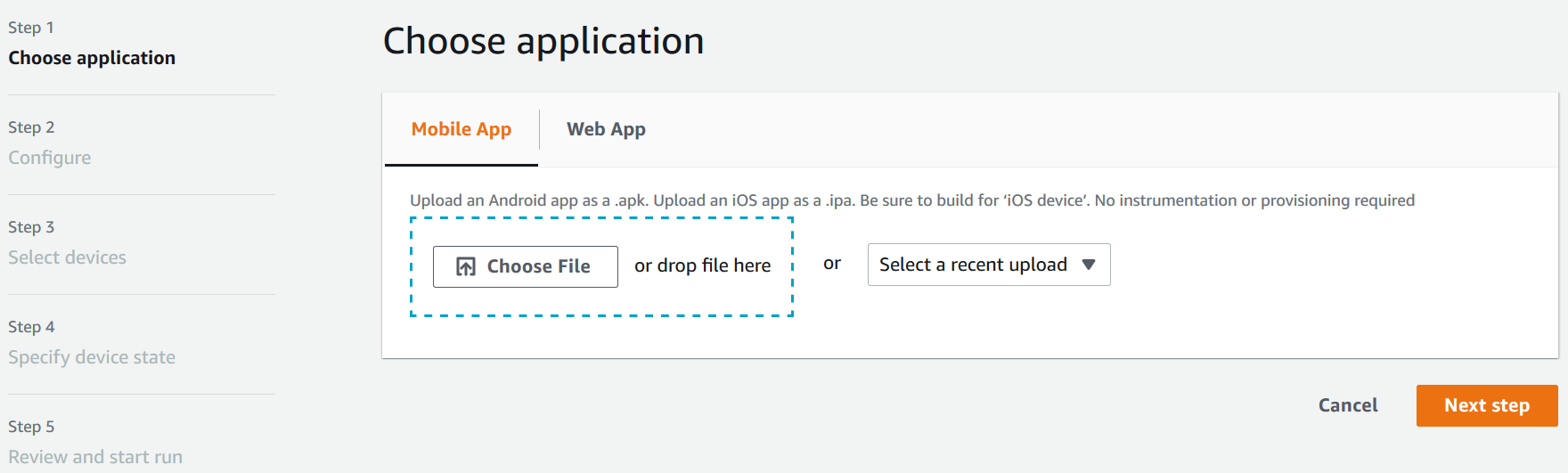 Scegliete un'applicazione nella console Device Farm.