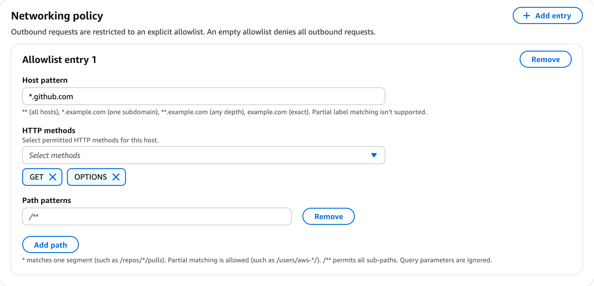 Voce della lista consentita con il pattern host *.github.com, i metodi GET e OPTIONS e il pattern di percorso /**.