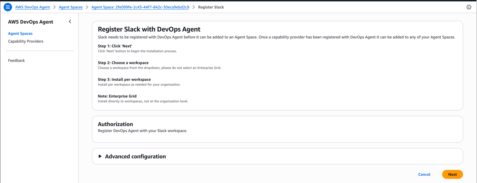 Registra Slack con la pagina DevOps Agent che mostra i passaggi di installazione dell'area di lavoro.