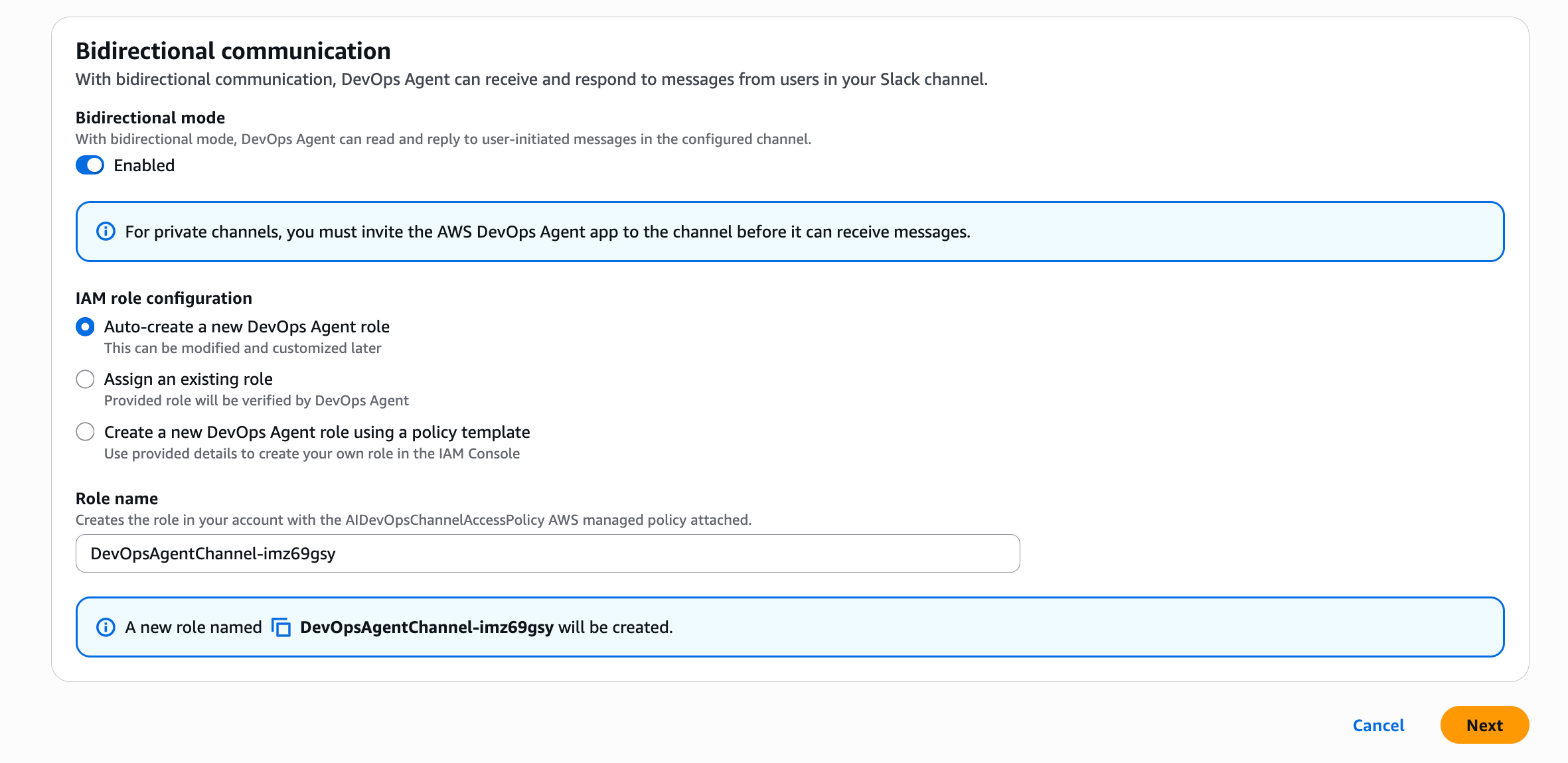 Sezione di comunicazione bidirezionale con modalità bidirezionale abilitata e opzioni di configurazione del ruolo IAM.