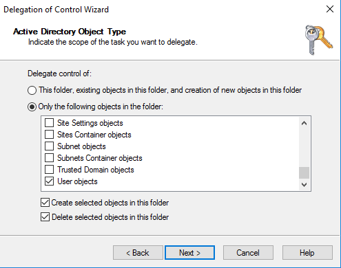 Delegation of Control Wizard, finestra di dialogo Active Directory Object Type con solo i seguenti oggetti nella cartella: oggetti utente selezionati, creazione degli oggetti selezionati in questa cartella ed eliminazione degli oggetti selezionati in questa cartella.