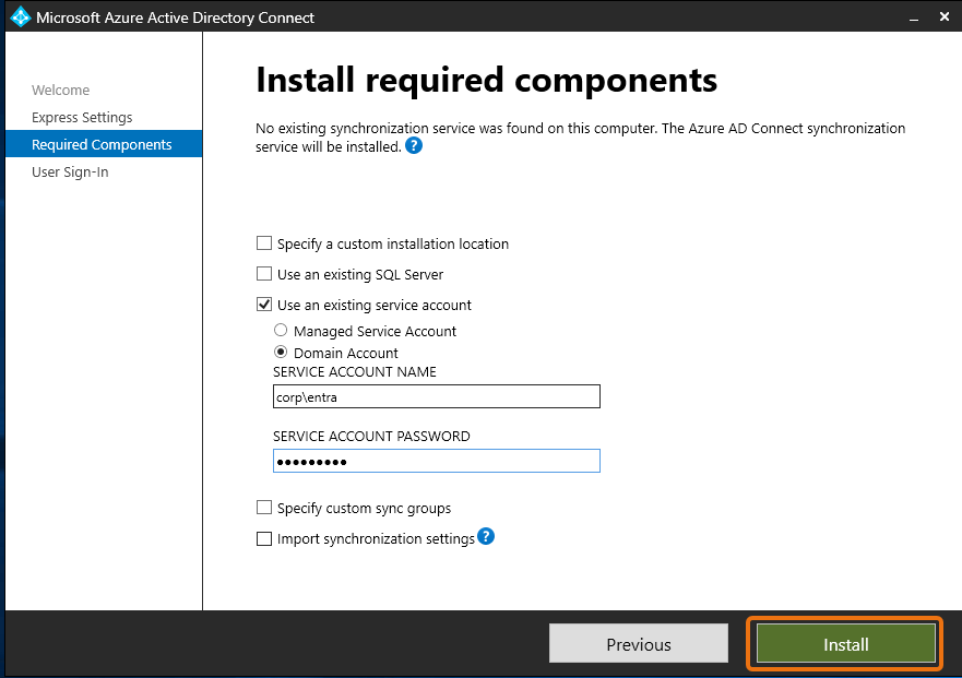 Finestra di installazione dei componenti richiesti selezionando Usa l'account di servizio e l'account di dominio esistenti e il nome e la password dell'account di servizio forniti.