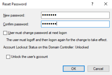 Password reset dialog with fields for new password, confirmation, and account options.