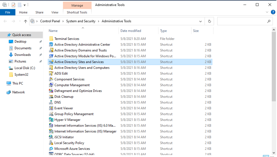 Windows Administrative Tools folder showing various Active Directory management shortcuts.