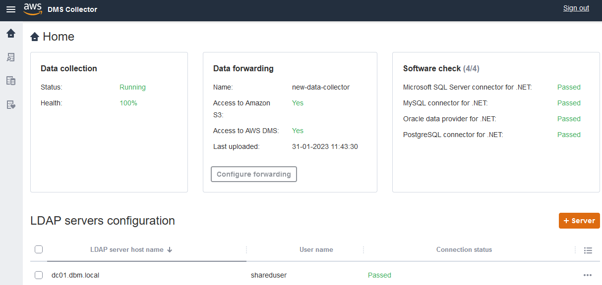 Home page del raccoglitore di dati AWS DMS.