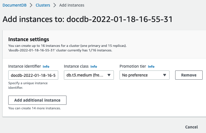 Add instances dialog showing settings for a DocumentDB cluster with options for instance identifier and class.