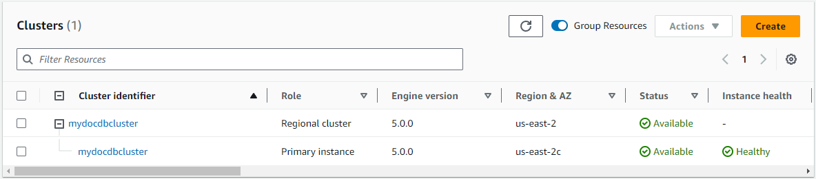 DocumentDB cluster management interface showing a regional cluster with primary instance details.