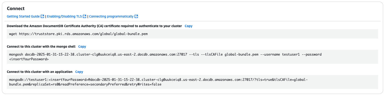 Sezione Connect che mostra una stringa per connettersi all'istanza con la shell mongo e una stringa per connettersi al cluster con un'applicazione.