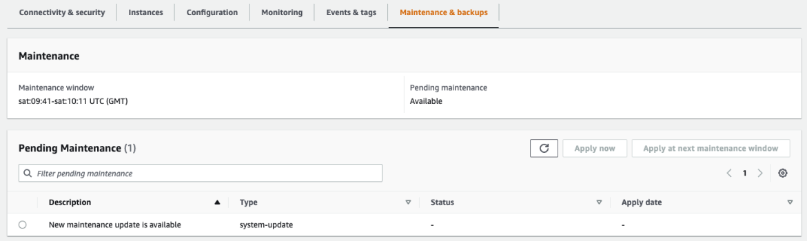 Console Amazon DocumentDB che mostra la finestra di manutenzione del cluster.