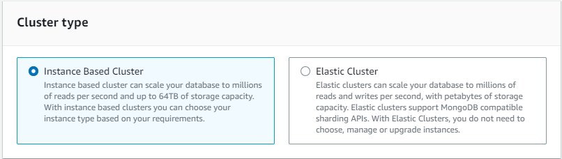 Cluster type selection with Instance Based Cluster option highlighted and described.