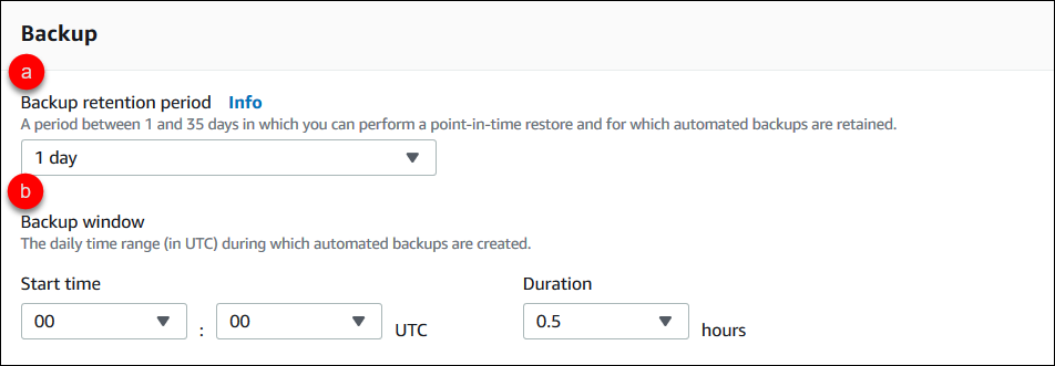 Screenshot del riquadro Backup che mostra le fasi per la configurazione della finestra di backup del cluster.