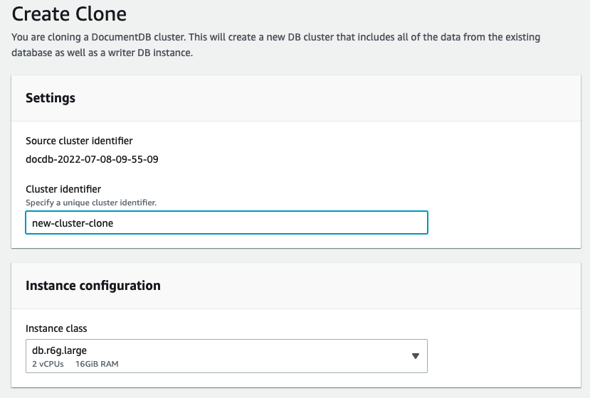 La creazione di un clone inizia selezionando il cluster Amazon DocumentDB e specificando la dimensione dell'istanza DB.