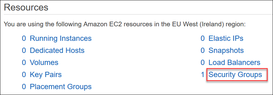 Immagine: elenco delle risorse che evidenzia l'opzione di collegamento Security Groups.