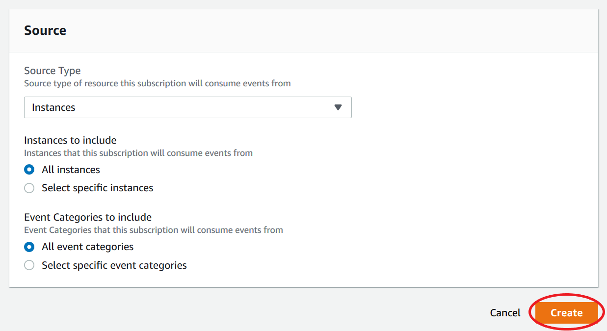 Source configuration form with options for instances and event categories.