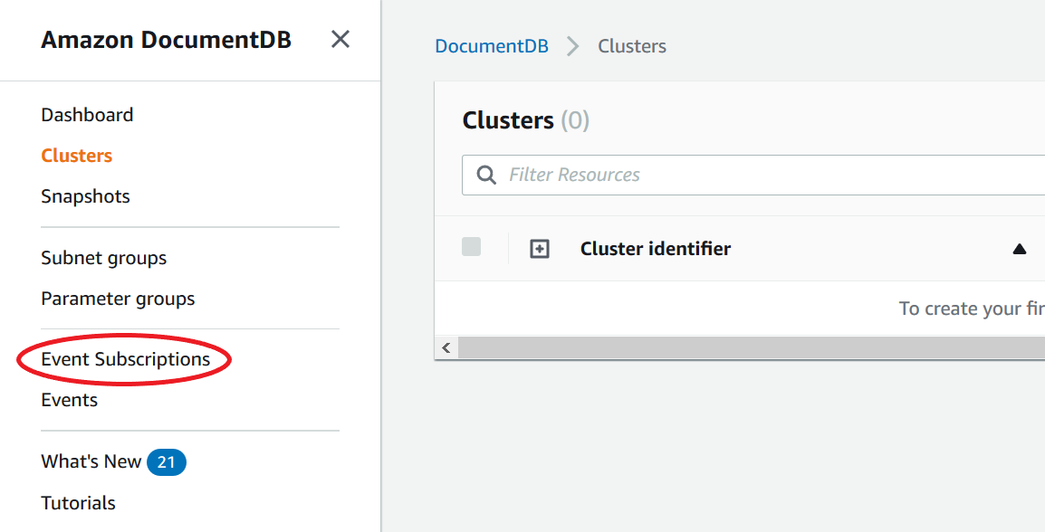 Amazon DocumentDB navigation pane with Event Subscriptions option highlighted.