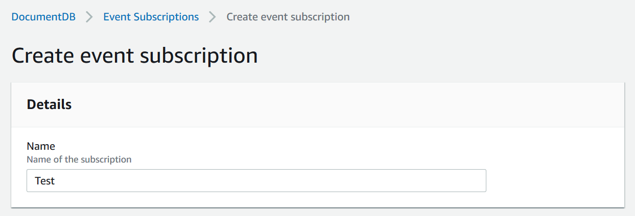 Form field for entering the name of an event subscription in DocumentDB.