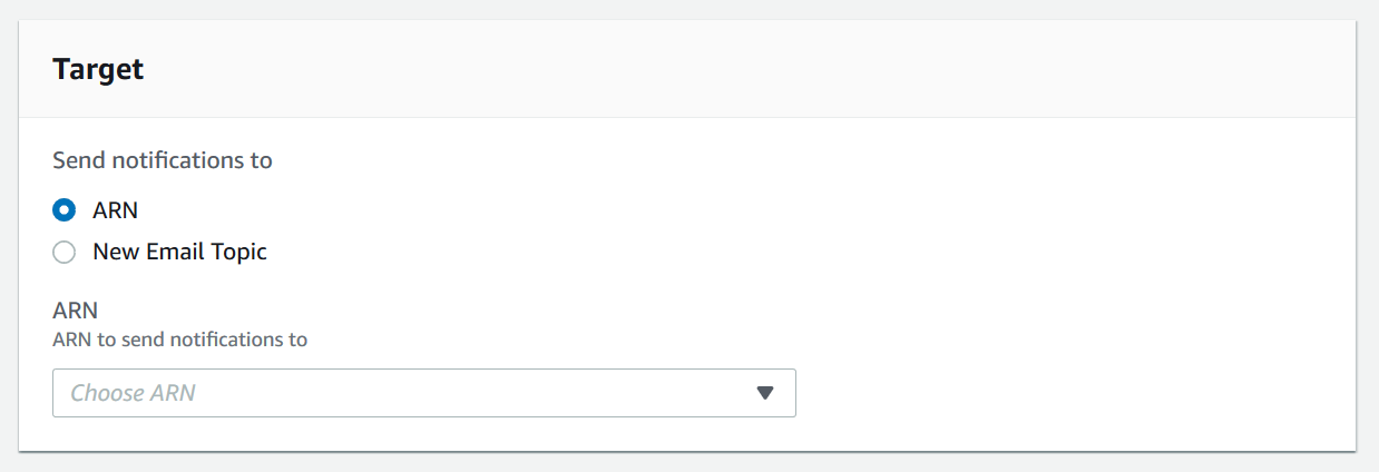 Target selection interface with options for ARN or New Email Topic notifications.