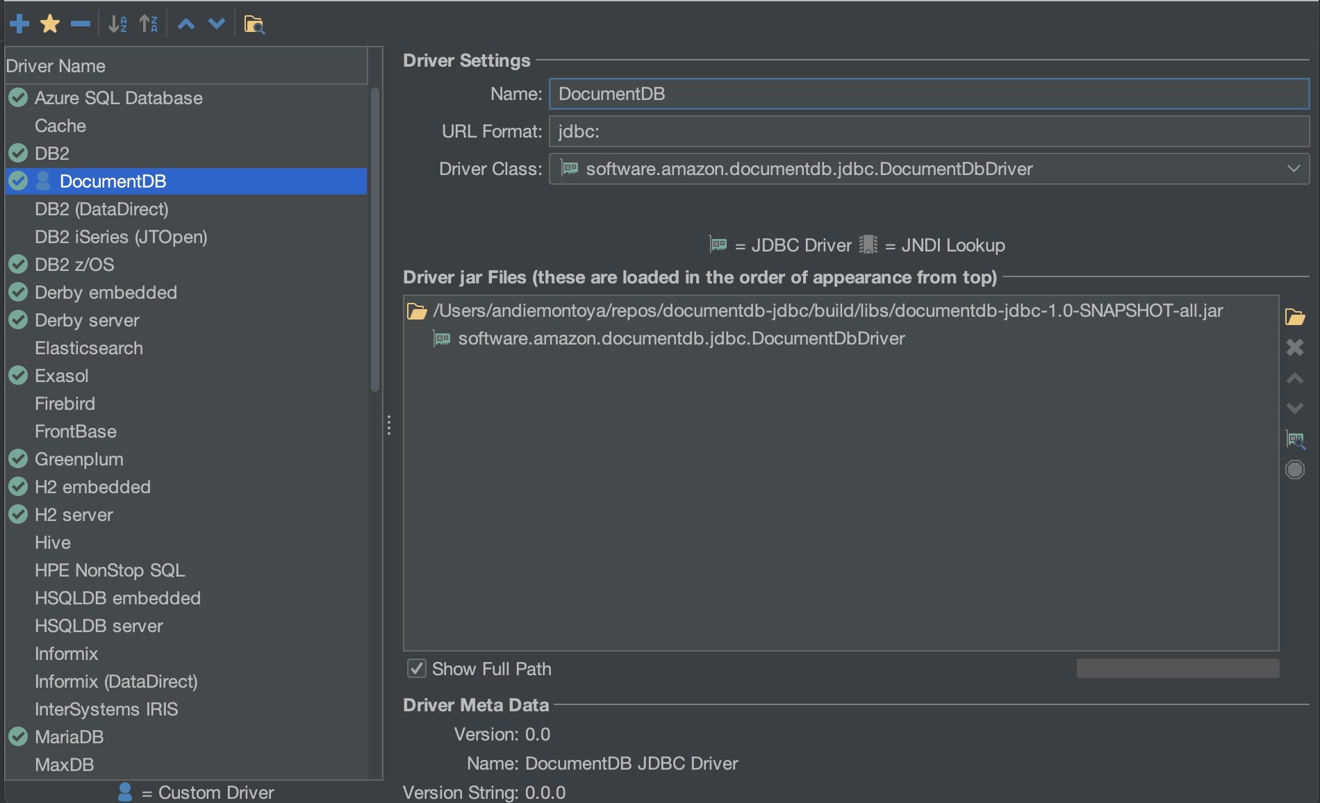 Driver Settings si interfaccia DbVisualizer con il nome Amazon DocumentDB, il formato URL e le configurazioni della classe driver immesse.