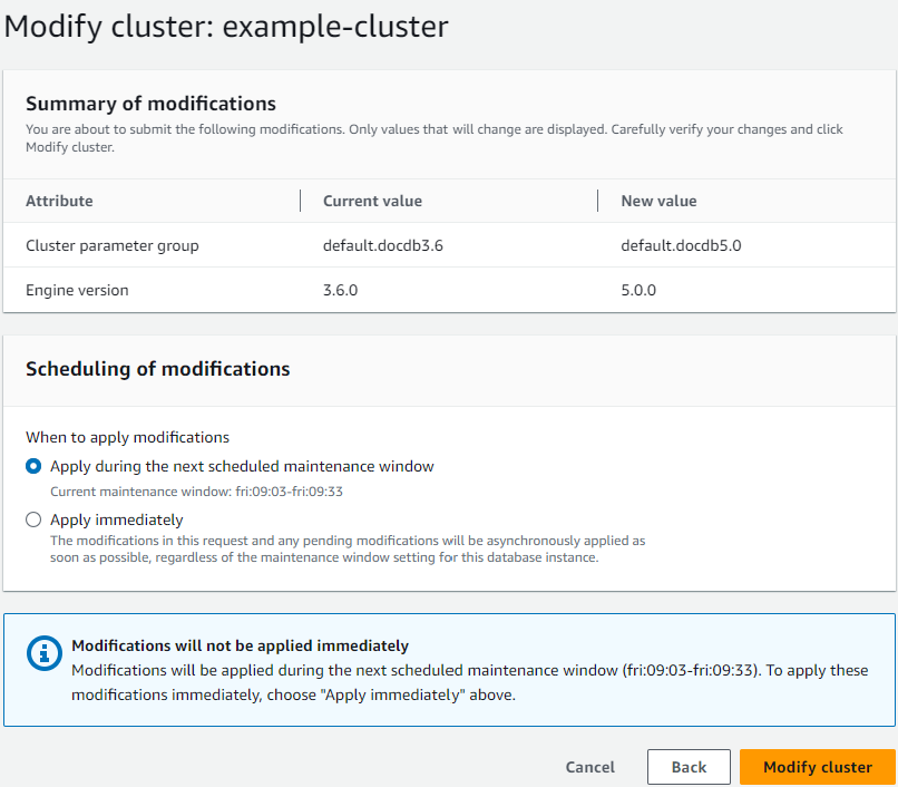 Immagine: la finestra di dialogo Modifica cluster che mostra il riepilogo e la pianificazione delle modifiche per il cluster selezionato.