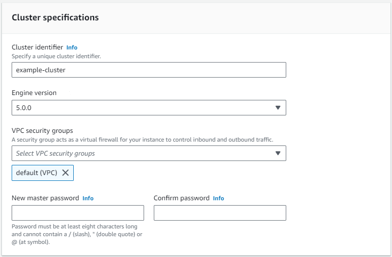 Immagine: la sezione Specifiche del cluster della finestra di dialogo Modifica cluster che mostra i campi Cluster indentifier e Engine version.