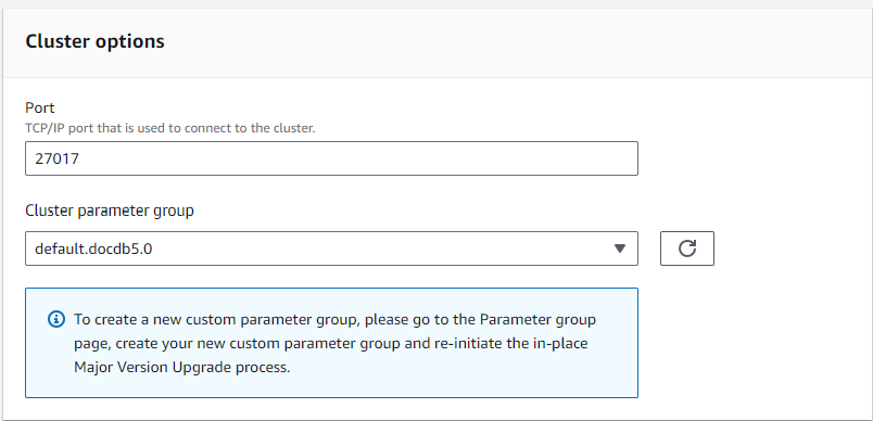 Immagine: la sezione Opzioni cluster della finestra di dialogo Modifica cluster che mostra il campo Gruppo di parametri del cluster.