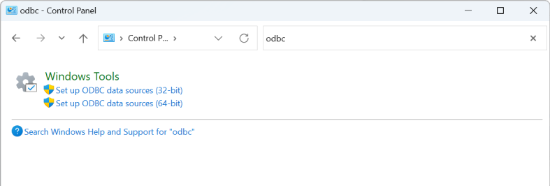 Windows Control Panel showing ODBC data source setup options for 32-bit and 64-bit systems.