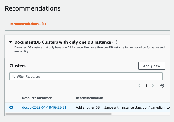 Recommendation to add another DB Instance to a DocumentDB cluster with only one instance.