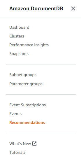 Navigation pane showing Amazon DocumentDB options including Dashboard, Clusters, and Recommendations.