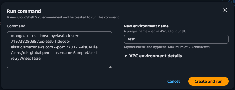 Cluster cluster CloudShell Esegui la schermata di comando che richiede un nuovo nome di ambiente