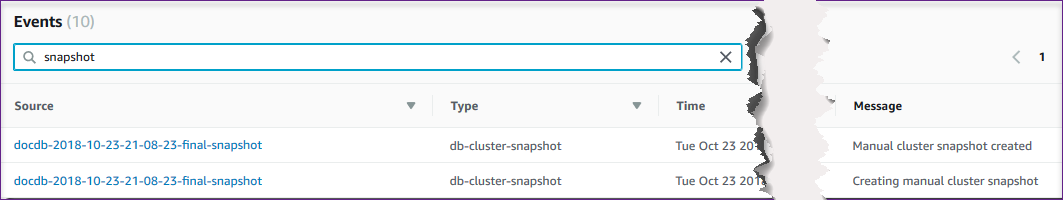 Screenshot della sezione degli eventi che mostra come filtrare gli eventi in base alle snapshot.