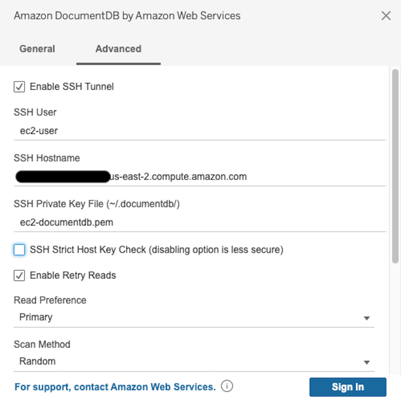 Scheda Advanced nell'interfaccia del connettore Amazon DocumentDB con l'opzione SSH Strict Host Key Check disabilitata.