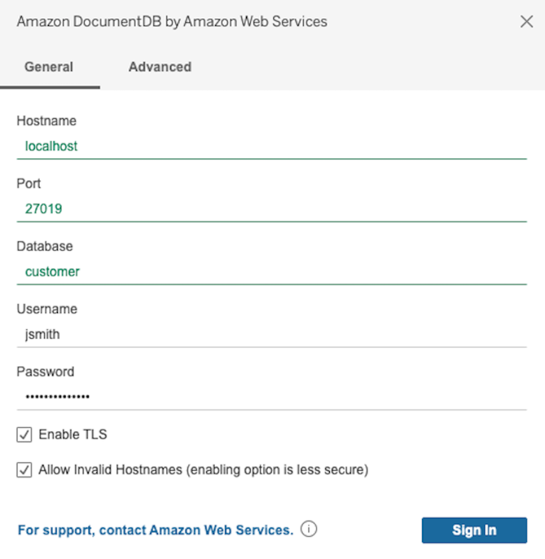 Scheda Generale nell'interfaccia del connettore Amazon DocumentDB che mostra i campi nome host, porta, database, nome utente e password.