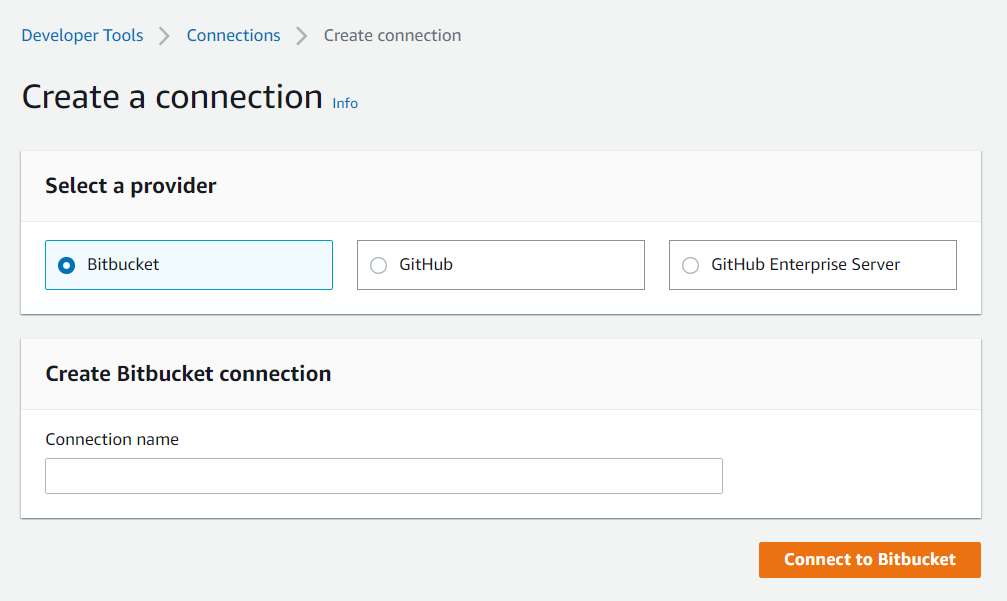 Schermata della console che mostra l'opzione di connessione selezionata per Bitbucket.