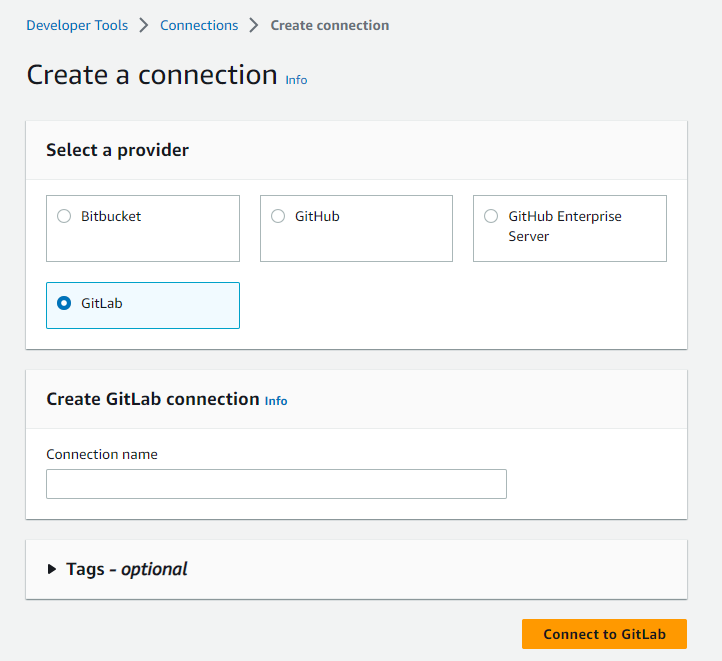 Schermata della console che mostra l'opzione di connessione selezionata per GitLab.