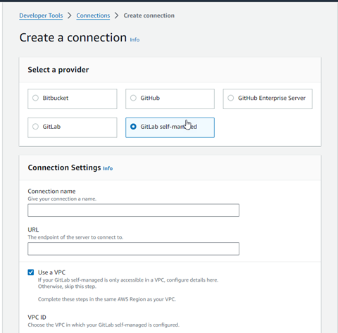 Schermata della console che mostra l'opzione di connessione selezionata per la gestione automatica. GitLab