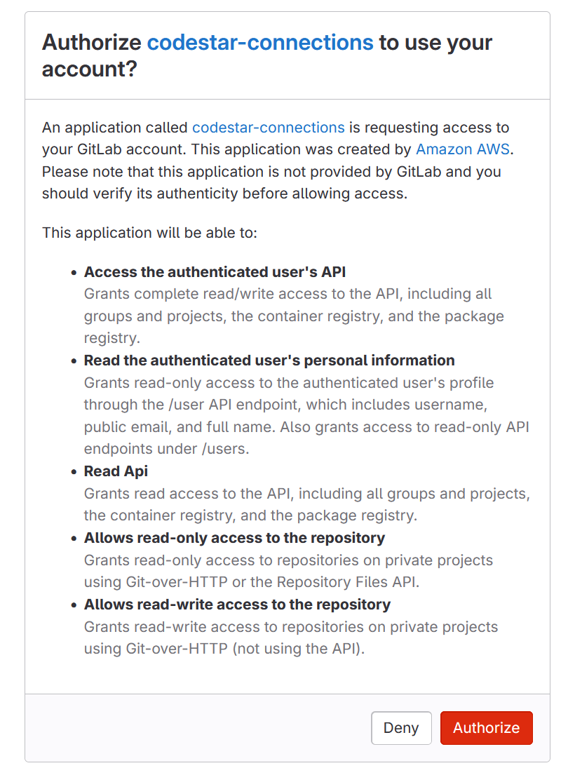 Schermata che mostra il messaggio per autorizzare la connessione per il tuo account. GitLab