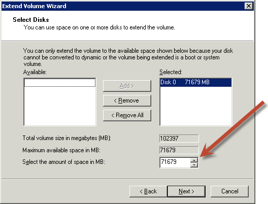 Procedura guidata di estensione volume Windows Server