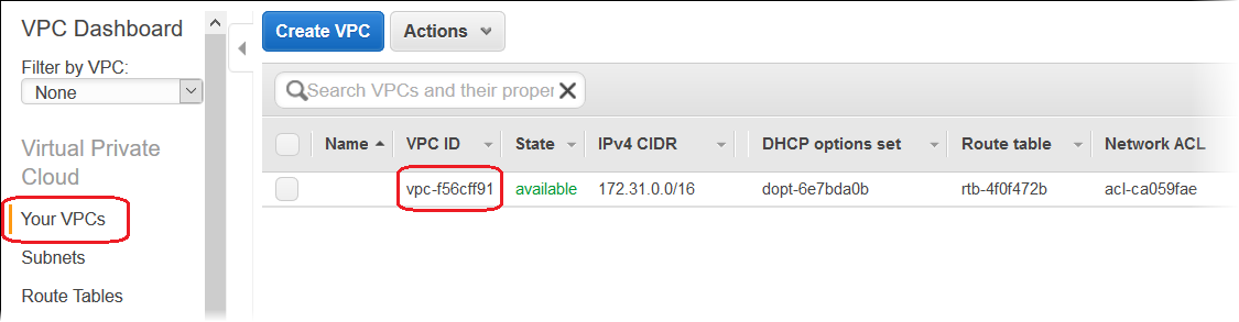 La VPC console Amazon mostra il tuo VPC ID.