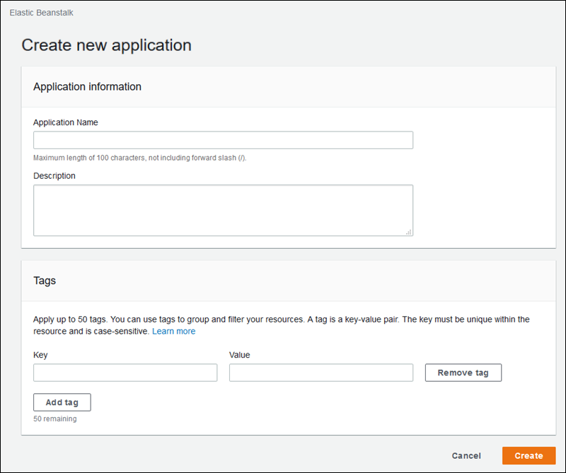 La finestra di dialogo Create New Application (Crea nuova applicazione) mostra i tag per una nuova applicazione nella console Elastic Beanstalk